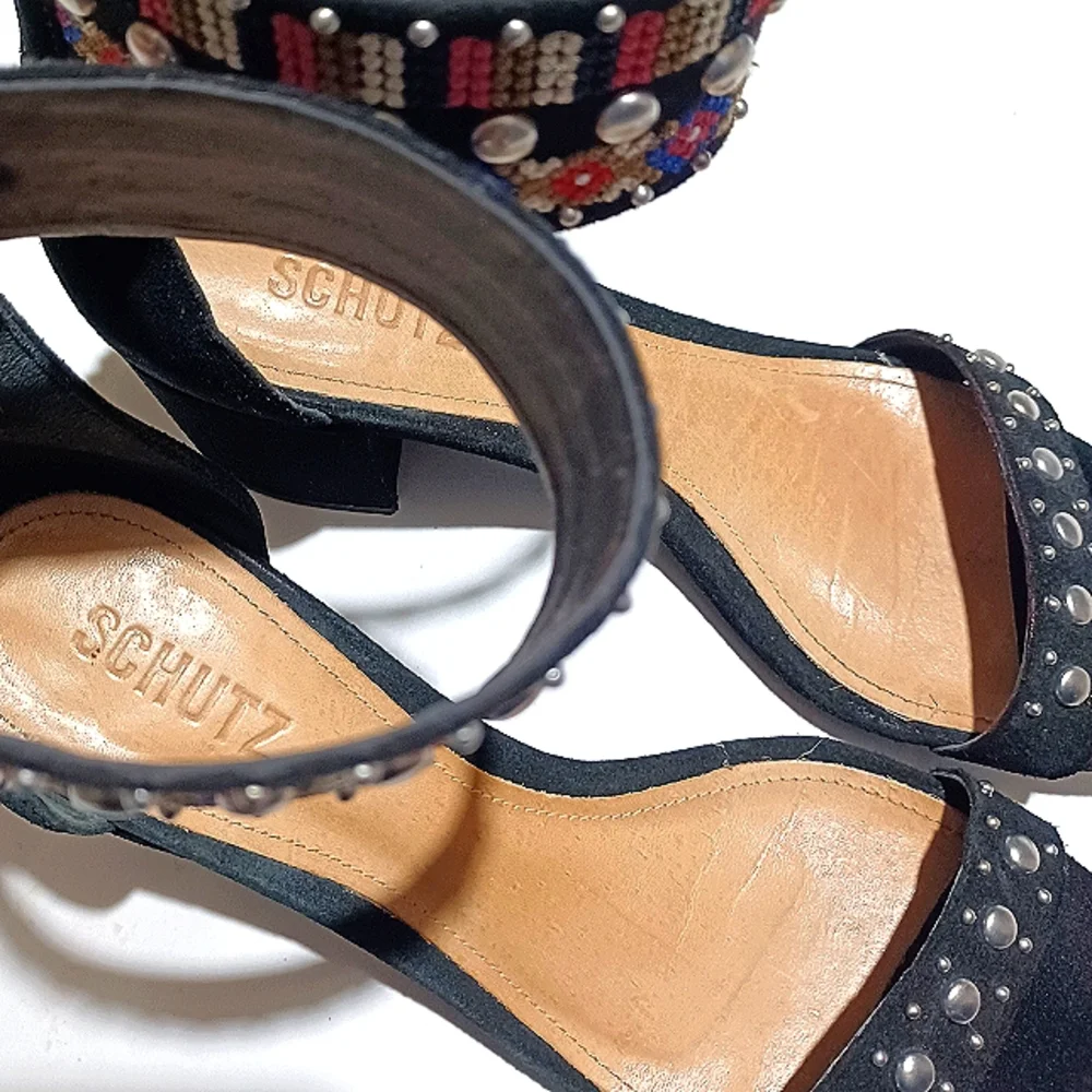 SCHULTZ Studded Embroidered Ankle Strap Chunky Low Heel Sandals